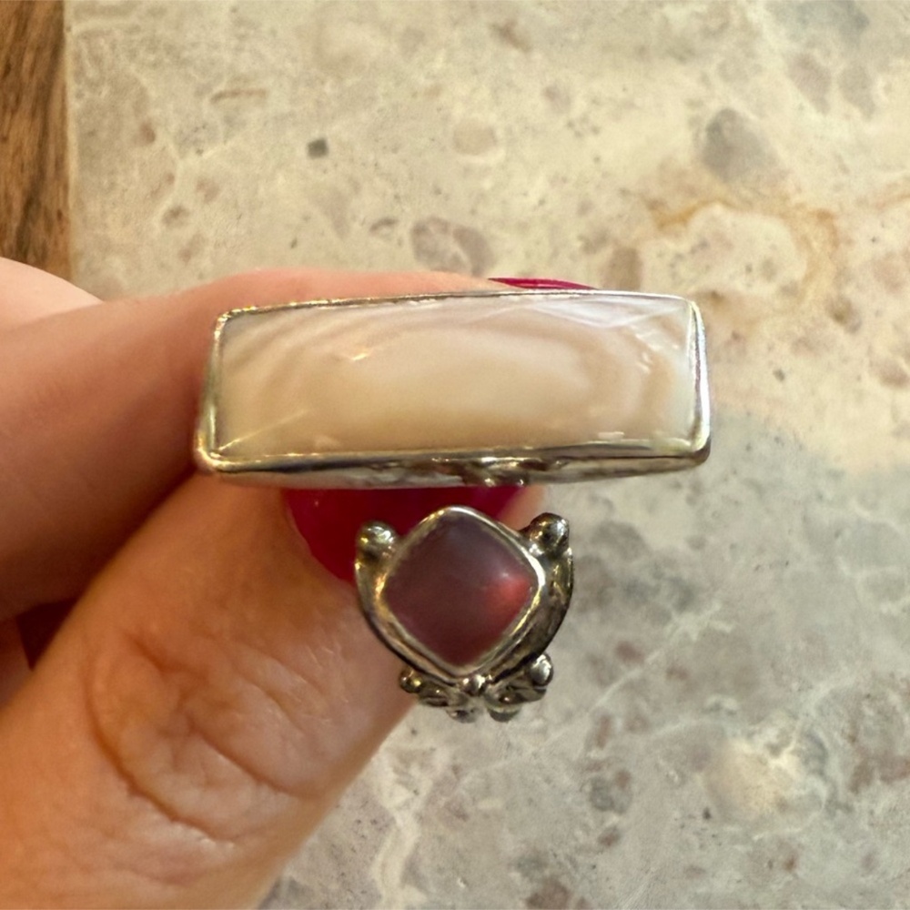 Vintage Sajen Sterling Silver Mother Of Pearl & Purple Quartz Ring Size 8 - Picture 3 of 9